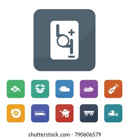 Transport icons. vector collection filled transport icons such as wheelbarrow, trailer, car key, car jack, gearbox, robot transmission, break, truck, box, bus