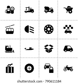 Transport icons. vector collection filled transport icons. includes symbols such as wheelbarrow, tire, bearing, tow truck, taxi, car lock. use for web, mobile and ui design.