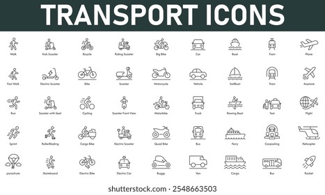 Transport Icons vector illustration with thin line editable stroke contains scooter bicycle car boat train plane motorcycle truck flight parachute skateboard van buggy rocket bus cargo