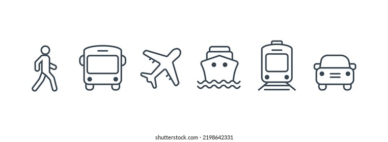 Transport icons. Walk man, Bike, Airplane, Public bus, Train, ShipFerry and auto signs. Shipping symbol. Air mail delivery sign. Vector