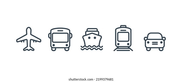 Transport icons. Walk man, Bike, Airplane, Public bus, Train, ShipFerry and auto signs. Shipping symbol. Air mail delivery sign. Vector