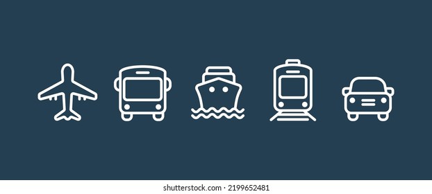 Transport icons. Walk man, Bike, Airplane, Public bus, Train, ShipFerry and auto signs. Shipping symbol. Air mail delivery sign. Vector