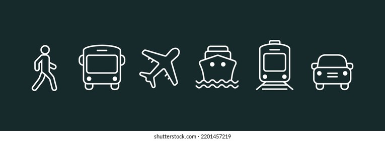 Transport icons  Walk man  Bike  Airplane  Public bus  Train  ShipFerry   auto signs  Shipping symbol  Air mail delivery sign  Vector