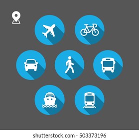 Transport icons. Walk man, Bike, Airplane, Public bus, Train, Ship/Ferry and auto signs. Shipping delivery symbol. Air mail delivery sign. Flat shadow. Vector