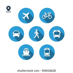 Transport icons. Walk man, Bike, Airplane, Public bus, Train, Ship/Ferry and auto signs. Shipping delivery symbol. Air mail delivery sign. Flat shadow. Vector