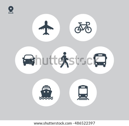 Transport icons. Walk man, Bike, Airplane, Public bus, Train, Ship/Ferry and auto signs. Shipping delivery symbol. Air mail delivery sign. Vector