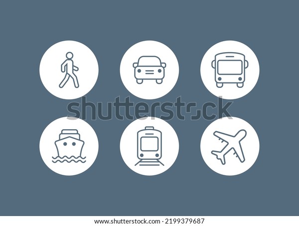Transport icons. Walk man, Bike, Airplane, Public\
bus, Train, ShipFerry and auto signs. Shipping symbol. Air mail\
delivery sign.\
Vector