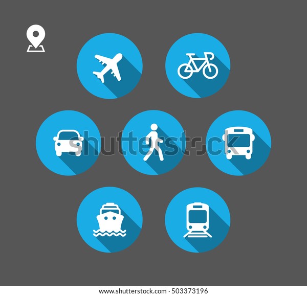 Transport icons. Walk man, Bike, Airplane,\
Public bus, Train, Ship/Ferry and auto signs. Shipping delivery\
symbol. Air mail delivery sign. Flat shadow.\
Vector