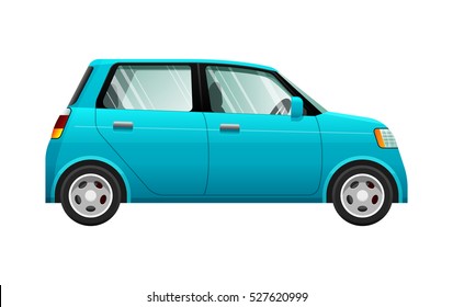 Transport. Illustration of small blue automobile. Four-wheeled car with fuel economy. Four doors. Silver discus. Convenient mean of transportation in simple cartoon design. Side view. Vector