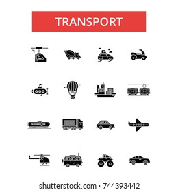 Transport illustration, thin line icons, linear flat signs, vector symbols, outline pictograms set, editable strokes