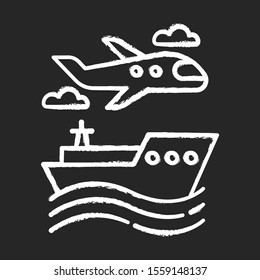 Transport industry chalk icon. Plane and ship. Boat on waves. Airplane in sky. Transportation, shipping. Travel, trip, voyage. Tourism business. Cruise tour. Isolated vector chalkboard illustration
