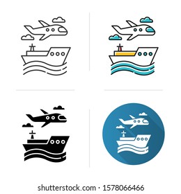 Transport industry icon. Plane and ship. Boat on waves. Airplane in sky. Travel, trip, voyage. Vacation and tourism business. Flat design, linear and color styles. Isolated vector illustrations