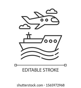 Transport industry linear icon. Plane and ship. Travel, trip, voyage. Vacation, tourism business. Cruise tour. Thin line illustration. Contour symbol. Vector isolated outline drawing. Editable stroke