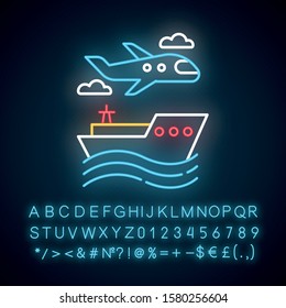 Transport industry neon light icon. Plane and ship. Boat, airplane. Transportation. Vacation and tourism business. Glowing sign with alphabet, numbers and symbols. Vector isolated illustration