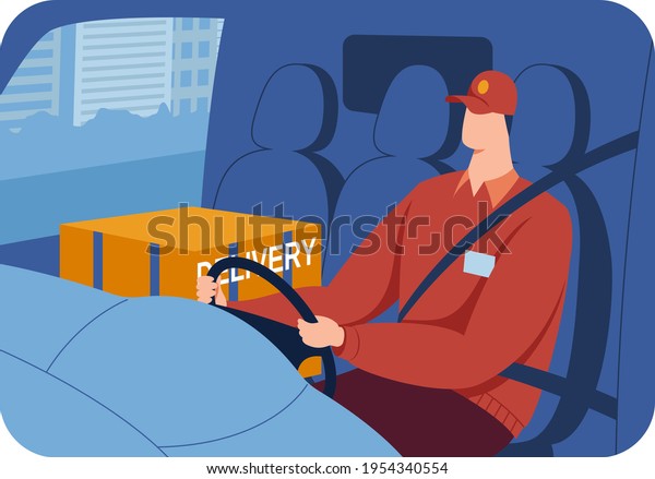 Transport industry trucking, inside cab\
view, professional driver, work trip, fast vehicle, cartoon style\
vector illustration.