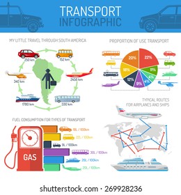 Transport infographic concept set of fuel consumption travel routes use of transport vector illustration