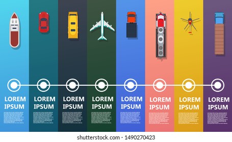 Transport Infographic Top View Vector. Flat Bus, Ship, Truck, Train, Plane, Helicopter, Car. Road Icon Business Industry Travel Map. Set Info Traffic Commercial Freight Delivery. Cargo Logistic Goods