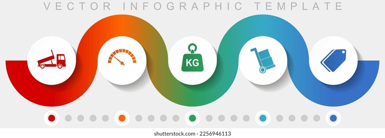 Plantilla vectorial de infografía de transporte con conjunto de iconos, iconos diversos como camión, velocímetro, kg, flecha y entrada para diseño web y aplicaciones móviles