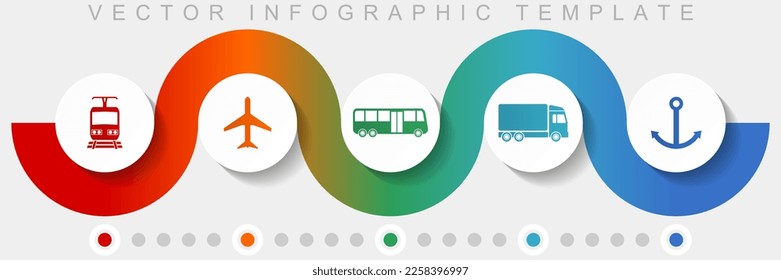 Plantilla vectorial de infografía de transporte con conjunto de iconos, iconos diversos como tren, plano, bus, camión y ancla para diseño web y aplicaciones móviles