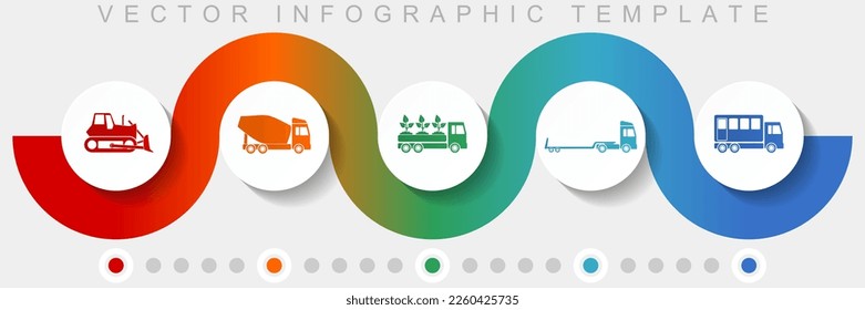 Infografische Vektorvorlage mit Symbolsatz, verschiedene Symbole wie Bulldozer, Betonmischer, LKW und Lieferung für Webdesign und mobile Anwendungen befördern