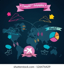 Transport Infographics, colorful flight information. On dark background