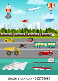 Transport infographics elements. Cars, trucks, public, air, water, railway transportation. Retro styled illustration. Vector