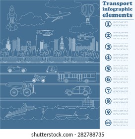 Transport infographics elements. Cars, trucks, public, air, water, railway transportation. Retro styled illustration. Vector