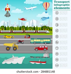 Transport infographics elements. Cars, trucks, public, air, water, railway transportation. Retro styled illustration. Vector