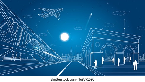 Transport and infrastructure illustration, train rides on the bridge, night city, building with arches, people walk on the square, vector design, auto road and airplane fly
