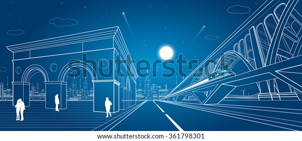 Transport and infrastructure\
illustration, train rides on the bridge, night city, building with\
arches, people walk on the square, vector design, auto\
road