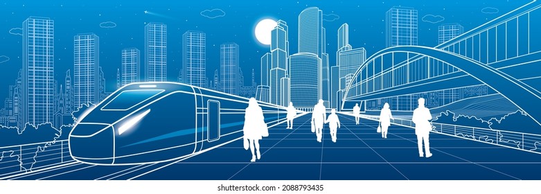 Transport infrastructure panorama, people waiting for train on railway station, locomotive move, pedestrian bridge, modern city on background, business buildings, urban skyline, vector design art