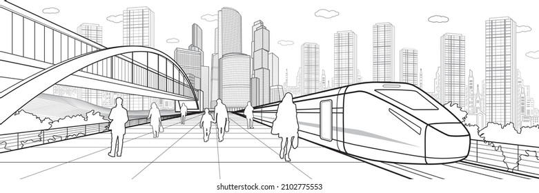 Transport infrastructure panorama, people waiting for train on railway station, locomotive move, pedestrian bridge, modern city on background, business buildings, urban skyline. Black vector outlines