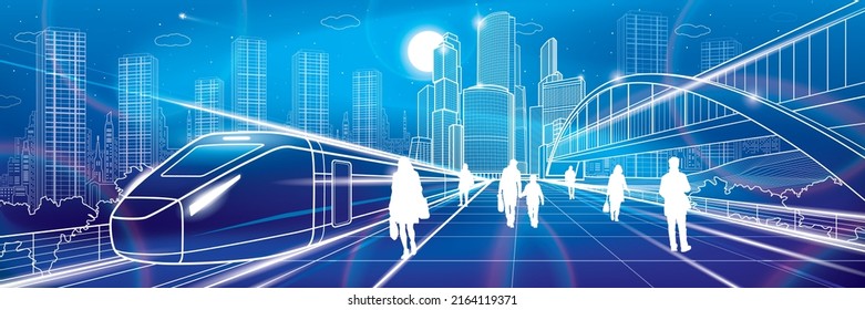 Transport infrastructure panorama, people waiting for train on railway station, locomotive move, pedestrian bridge, modern city at neon background, business buildings, urban skyline, vector design art