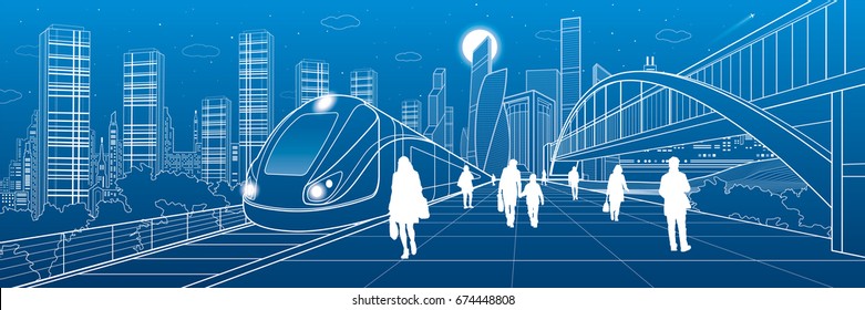 Transport infrastructure panorama, people waiting for train on railway station, locomotive move, pedestrian bridge, modern city on background, business buildings, urban skyline, vector design art