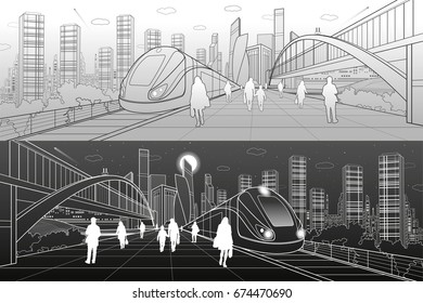 Transport infrastructure panorama, people waiting for train on railway station, locomotive move, pedestrian bridge, modern city on background, business buildings, urban skyline, vector design art