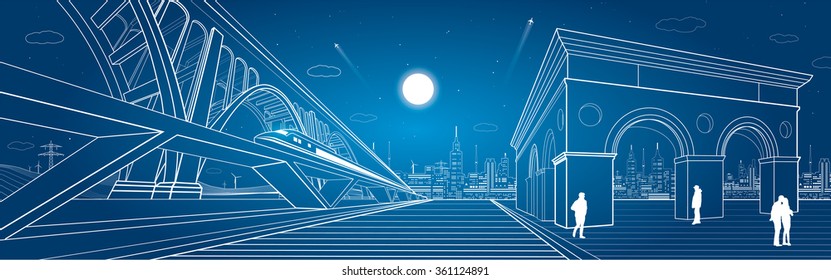 Transport and infrastructure panorama, train rides on the bridge, night city, building with arches, people walk on the square, vector design
