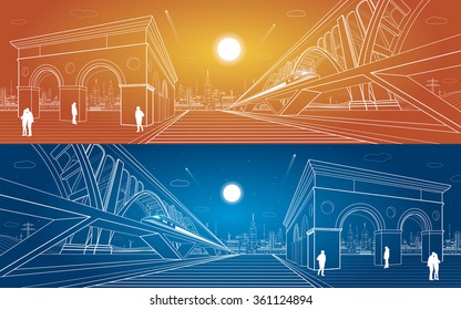 Transport and infrastructure panorama, train rides on the bridge, night city, building with arches, people walk on the square, vector design
