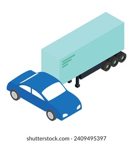 Icono de seguro de transporte vector isométrico. Vehículo de turismo azul y semirremolque. Seguro de vehículos de motor