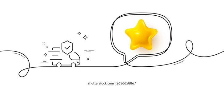 Transport insurance line icon. Continuous line with 3d star. Car risk coverage sign. Delivery protection symbol. 3d star in speech bubble. Transport insurance single line ribbon. Vector