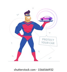 Transport insurance metaphor flat design style vector illustration. Protect your car banner element. Man in superhero costume holding automobile cartoon character. Vehicle security assurance service