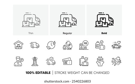 Seguro de transporte, ícones de linha de entrega de navio e caminhão. Pacote de bagagem de mão, posto de gasolina, ícone do preço do gás. Passe de embarque, Armazenamento, pictograma de voo de busca. Tempo de carregamento. Ícones de linha. Vetor