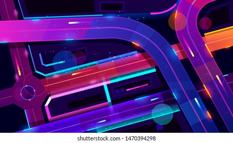 Transport Interchange In Night Neon City Top View. Urban Architecture, Modern Megapolis With Glowing Skyscrapers, Moving Cars, Old Film With Lines And Pixel Noise Effect. Cartoon Vector Illustration