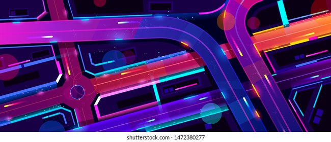 Transport interchange in night neon city top view. Urban architecture, modern megapolis with glowing skyscrapers, moving cars, old film with lines and pixel noise effect. Cartoon vector illustration