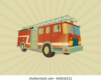 Transport. Isolated red fire engine on four wheels, illuminated with a light of fire.  Detailed image of firefighting vehicle. 

