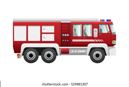 Transport. Isolated red fire truck on six wheels. Fire-engine with six doors. Detailed image of firefighting vehicle. Main device of firefighters in cartoon style. Side view. Flat design. Vector