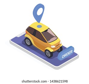 Transport isometric concept with smartphone and yellow electric car on white background 3d vector illustration