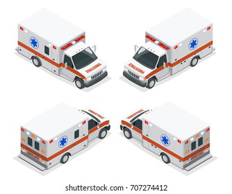 Transport isometric set Ambulance van isolated vector illustration. Emergency medical evacuation accident.  Accident Ambulance Aid Service Clinic Emergency Department  for Infographics, banner, web