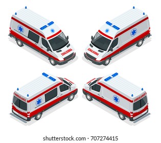 Transport isometric set Ambulance van isolated vector illustration. Emergency medical evacuation accident.  Accident Ambulance Aid Service Clinic Emergency Department  for Infographics, banner, web