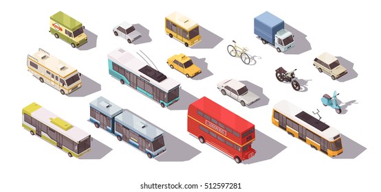 Transport isometric set with bus car and bicycle isolated vector illustration 