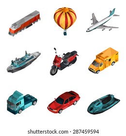 Transport isometric set with low poly motorcycle railroad van icons isolated vector illustration